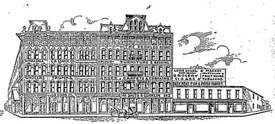 Site of the building in 1895, including the neighboring Monypeny Block building (1878-1970)