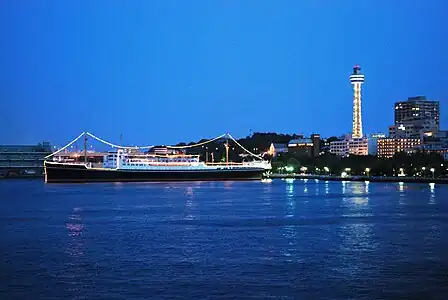 Yamashita Park, Hikawa Maru and Yokohama Marine Tower. Night view as seen from Osanbashi Pier.