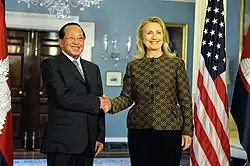 Secretary of State Hillary Clinton with Minister of Foreign Affairs Hor Namhong at the Department of State, Washington, D.C.