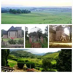 Clockwise from top: Field near Himeville, Anglican Church at Himeville, Drakenrberg Sanipass hotel, Anglican Church, War memorial.