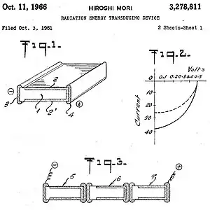 First page of Mori's1966 patent. In Fig. 1. p-layers (2-2') diffused on three sides of a bulk n-type silicon (1). Electrodes on both edges connect the p (4) and n (3) regions to the electric circuit. In Fig. 3. the cells are connected in series.