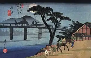 Utagawa Hiroshige, Man on horseback crossing a bridge, The Sixty-nine Stations of the Kiso Kaidō