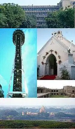 From top going clockwise: District Administrative Complex, St. Thomas Church, Fort of Firoz Shah, Sheela Mata Temple and observatory at OP Jindal Gyan Kendra.