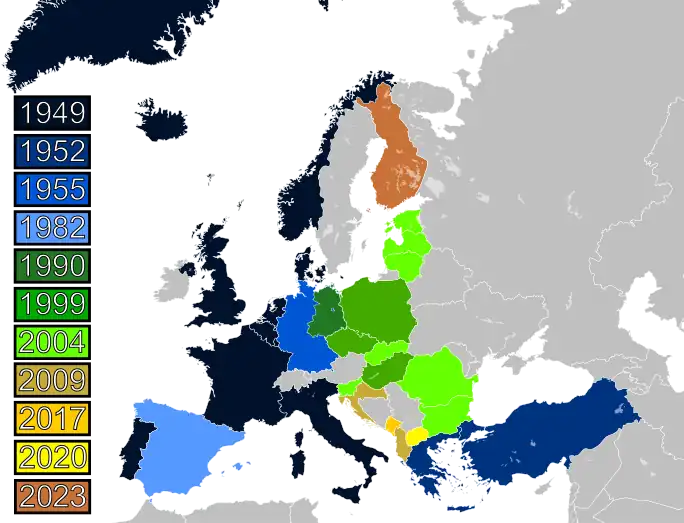 A map of Europe with nine colors that refer to the year different countries joined the alliance.