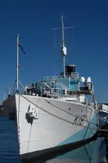 Sackville as restored, moored alongside the Maritime Museum of the Atlantic in Halifax, Canada. The paint scheme on her hull is dazzle camouflage.