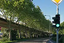 The elevated railway of line 13 lined with trees