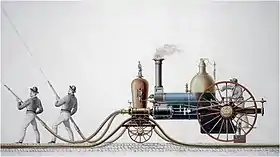 Sketch of the first steam fire engine in the United States built by Hodge