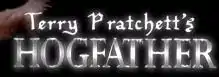 "Terry Pratchett's" is written in small white letters above "HOGFATHER" all in larger capital letters in a metallic font with something similar to snow on the letters.