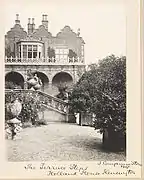 A garden terrace with steps on the house's east side