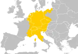 The Holy Roman Empire at its greatest territorial extent (c. 1200–1250), imposed over modern borders