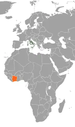 Map indicating locations of Holy See and Ivory Coast
