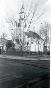 a black and white photograph of a church