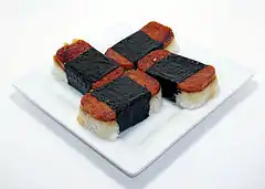 A plate of freshly made Spam musubi.