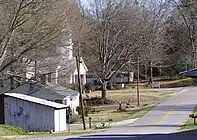 A view down a side street off the main street of Homer. The church is the First Baptist Church of Homer.