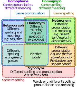 An Euler Diagram displaying the relationship between Homographs, homophones, and synonyms.