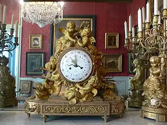 Second Empire style (Louis XVI Revival style) clock, unknown sculptor, dial and mechanism by Ferdinand Berthoud, c.1860, gilt bronze, Château de Compiègne, Compiègne, France