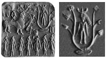 Horned deity with one-horned attendants on an Indus Valley seal. Horned deities are a standard Mesopotamian theme. 2000-1900 BCE. Islamabad Museum.