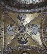 Clockwise: St John, Archangel Gabriel, Virgin Mary, Archangel Michael (narthex mosaic)