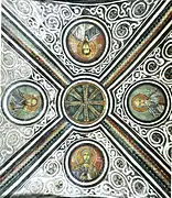 Clockwise: St Bartholomew, St John the Theologian, St Peter, St Paul (crypt fresco)