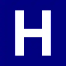White H on blue background, used to represent hospitals in the US.