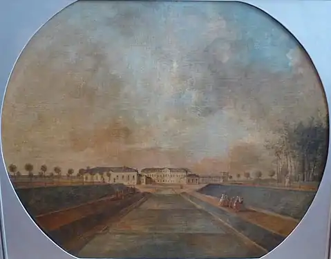 View of the south facade from the terraced garden cascade (overdoor of 1768 by Jean-Pierre Houël, Musée des Beaux-Arts, Tours)