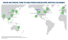 Hour Air Travel Time To And From Vancouver, British Columbia (B.C.) Map showing hour air travel time to and from Vancouver, British Columbia (B.C.) to Mumbia, Beijing, Seoul, Tokyo, Hong Kong, Sydney, San Francisco, Los Angeles, Toronto, New York, London and Frankfurt.