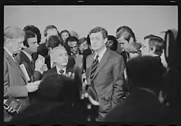 Doar (center-right) and Judiciary Committee Chairman Rodino speaking with reporters during the Nixon impeachment inquiry