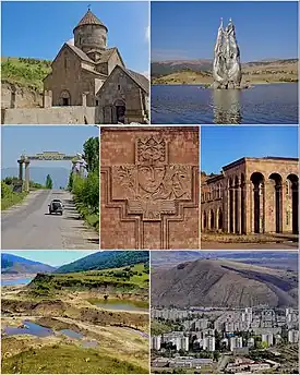 From top left:Makravank Monastery • Tsovinar monument on  Aghbyurak Reservoir • Entrance monument Palace of Culture • Music school  Marmarik Reservoir •  Hrazdan skyline