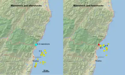 Maps of 2018 Hualian fore-, main, and aftershocks: on the right, the location of M>4.5 foreshocks and the mainshock (red star); on the left, M>4.5 aftershocks (as of 18:00 UTC 9 February) and the mainshock. Both maps are from USGS earthquake catalog results.