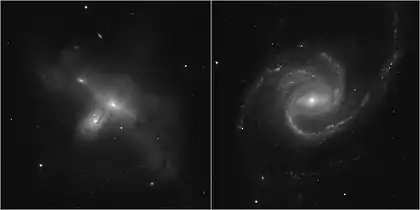 LEFT: ARP-MADORE2115-273 is a rare example of an interacting galaxy pair in the southern hemisphere. RIGHT: ARP-MADORE0002-503 is a large spiral galaxy with unusual, extended spiral arms, at a distance of 490 million light-years.