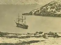 The Erik moored at the Hudson Bay Trading Post in Nachvak Fjord, Labrador, 1896.
