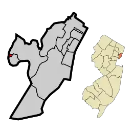 Location of East Newark in Hudson County highlighted in red (left). Inset map: Location of Hudson County in New Jersey highlighted in orange (right).