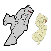 Location of Guttenberg in Hudson County highlighted in red (left). Inset map: Location of Hudson County in New Jersey highlighted in orange (right).
