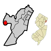 Location of Harrison in Hudson County highlighted in red (left). Inset map: Location of Hudson County in New Jersey highlighted in orange (right).