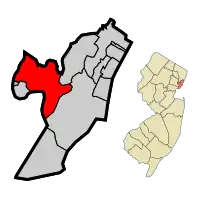 Location of Kearny in Hudson County highlighted in red (left). Inset map: Location of Hudson County in New Jersey highlighted in orange (right).