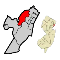 Location of Secaucus in Hudson County highlighted in red (left). Inset map: Location of Hudson County in New Jersey highlighted in orange (right).