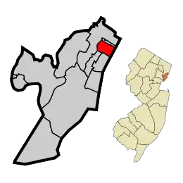 Location of West New York in Hudson County highlighted in red (left). Inset map: Location of Hudson County in New Jersey highlighted in orange (right).
