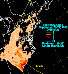 Filled contour map of rainfall attributed to Hugo