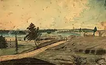 A painting of Hull and the Chaudière Falls in 1830 by Thomas Burrowes. Bytown, in its infancy, can be seen across the Ottawa River.