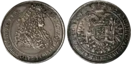 Hungarian Thaler of Leopold I minted in 1692. Latin inscription: Obverse, LEOPOLDVS D[EI] G[RATIA] RO[MANORVM] I[MPERATOR] S[EMPER] AVG[VSTVS] GER[MANIAE] HV[NGARIAE] BO[HEMIAE] REX; Reverse, ARCHIDVX AVS[TRIAE] DVX BVR[GVNDIAE] MAR[CHIO] MOR[AVIAE] CO[MES] TY[ROLIS] 1692, "Leopold, by the grace of God, Emperor of the Romans, Ever Augustus, King of Germany, Hungary, and Bohemia; Archduke of Austria, Duke of Burgundy, Margrave of Moravia, Count of Tyrol 1692"