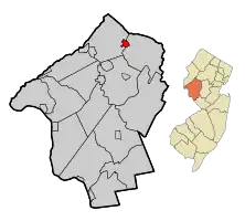 Location of Califon in Hunterdon County highlighted in red (left). Inset map: Location of Hunterdon County in New Jersey highlighted in orange (right).