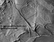 Huo Hsing Vallis Ridges, as seen by HiRISE. Ridges may be caused by water moving along faults.