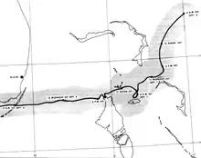 Map showing the erratic track of a tropical cyclone as denoted by a thick black line. A gray, shaded region around the line indicates the width of the eye.