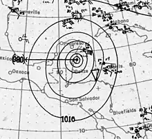 Contour map of pressures in the vicinity of the hurricane with weather station observations indicated