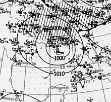 A map showing the hurricane's isobars and station observations in the Gulf of Mexico and on surrounding landmasses