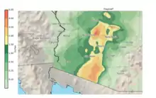 Map of rainfall totals in Arizona for rain generated by Rosa's remnants from October 1–2