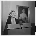 1954 speaker in Elingaard before the portrait of Birgitte Christine Kaas