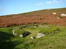 Prehistoric hut remains on the lower part of the mountain.
