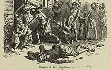 Sketch of a crouched woman who is sheltering a small child, with four other children nearby. The children are being attacked by seven native Americans wielding tomahawks and knives, near the doorway of a dwelling house. There is a dead or dying young man lying on the ground in the foreground.