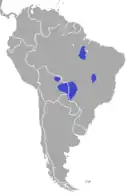 Central South America around the Bolivia/Brazil/Paraguay border with scattered populations in eastern Brazil